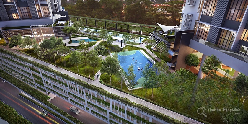 Chuỗi tiện ích trên tầng 5 của dự án với sân thể thao, bể bơi, vườn trên cao đẳng cấp