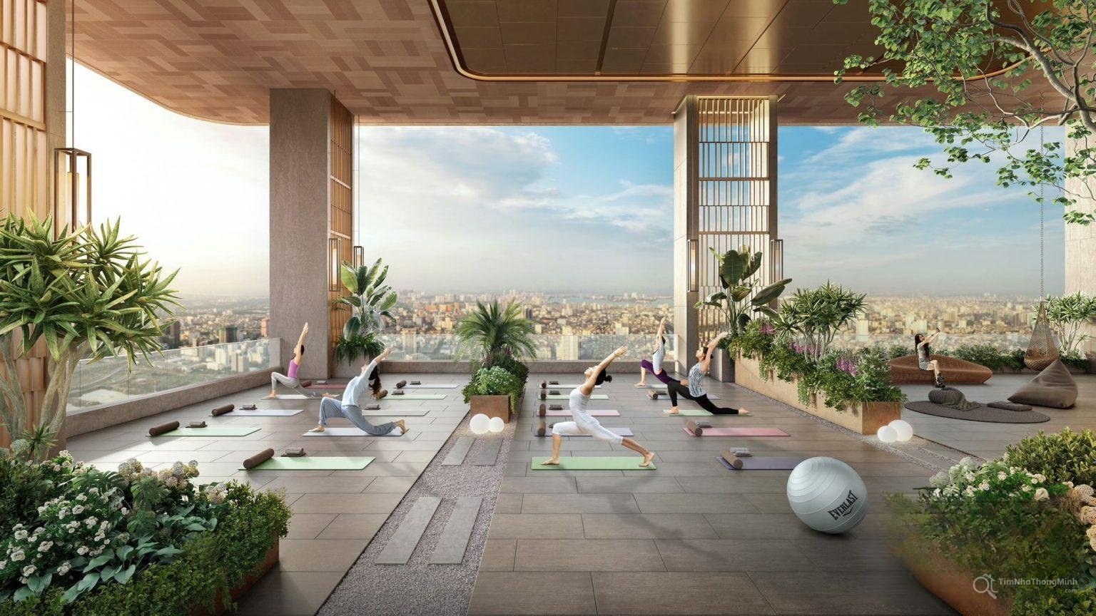 A group of people doing yoga on a rooftop Description automatically generated
