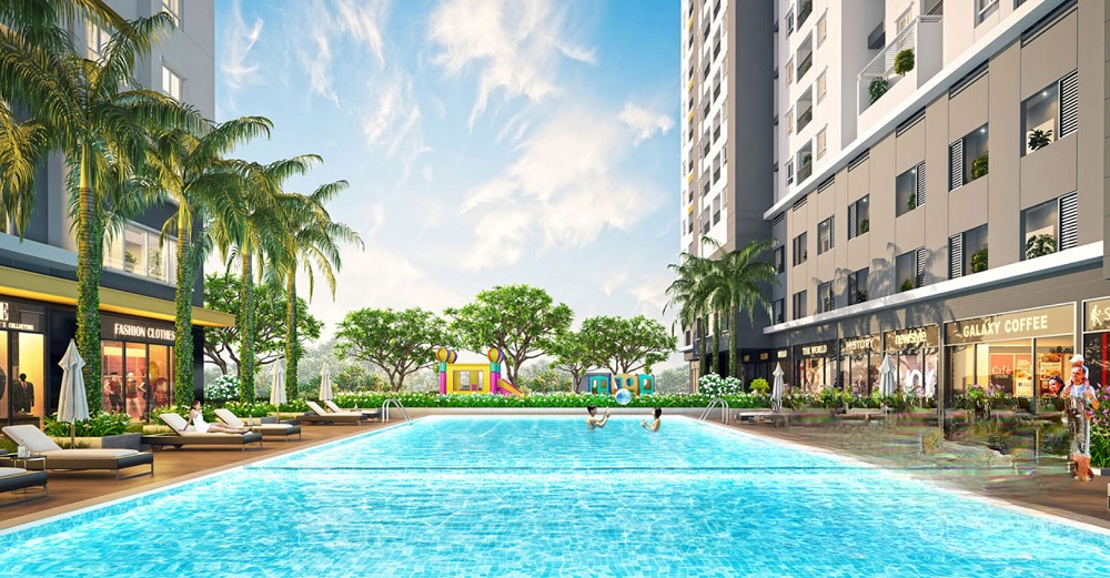 A pool next to a building Description automatically generated with low confidence